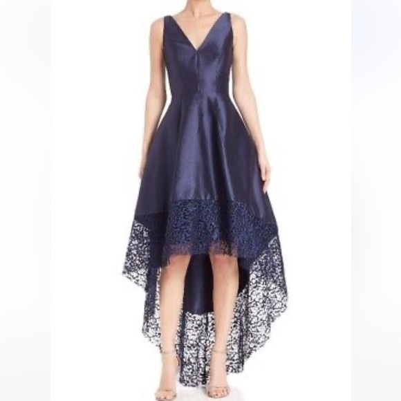 Monique Ihuiller high low gown dress navy blue elegant V neck lace detail US2